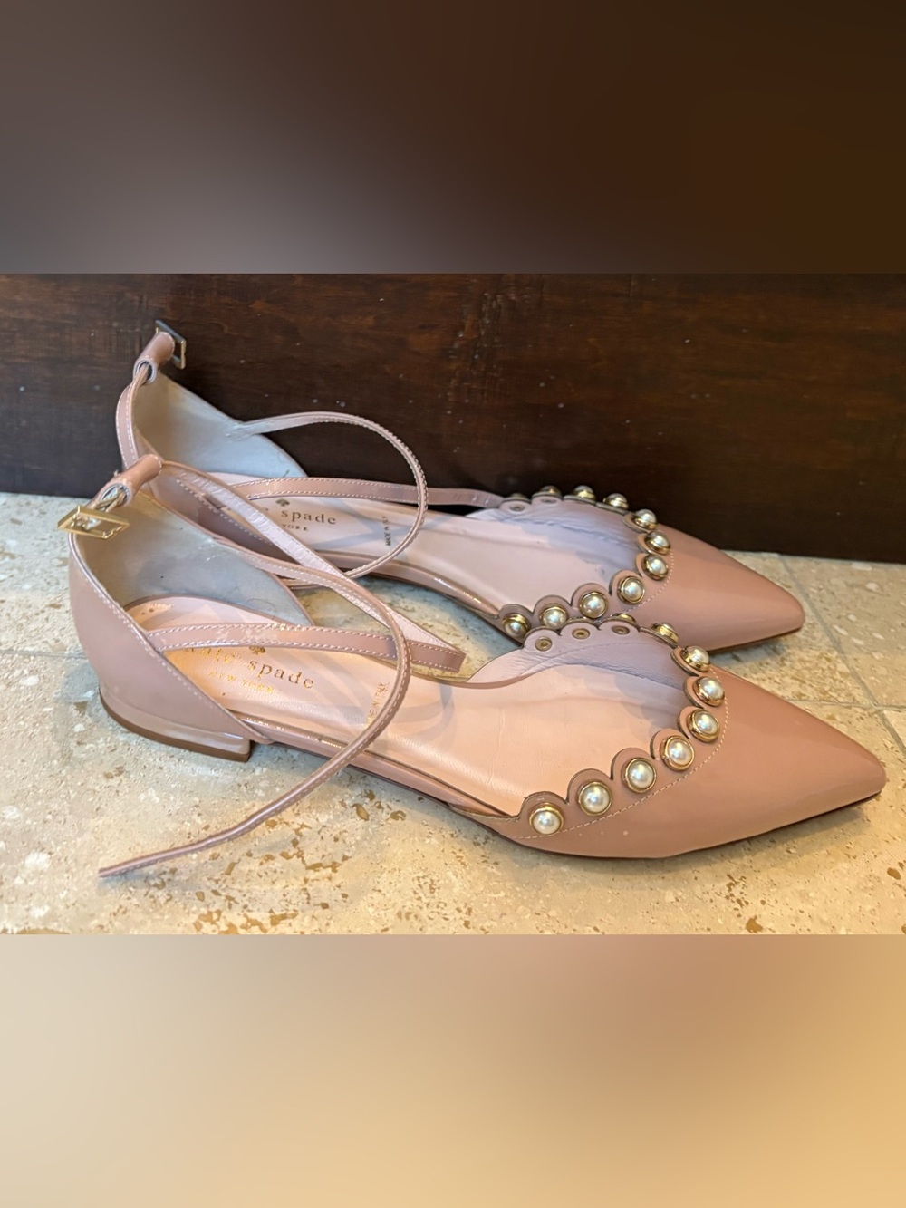 Worn twice okate spade Blush Patent Pearl-Embellished Pointed Flats